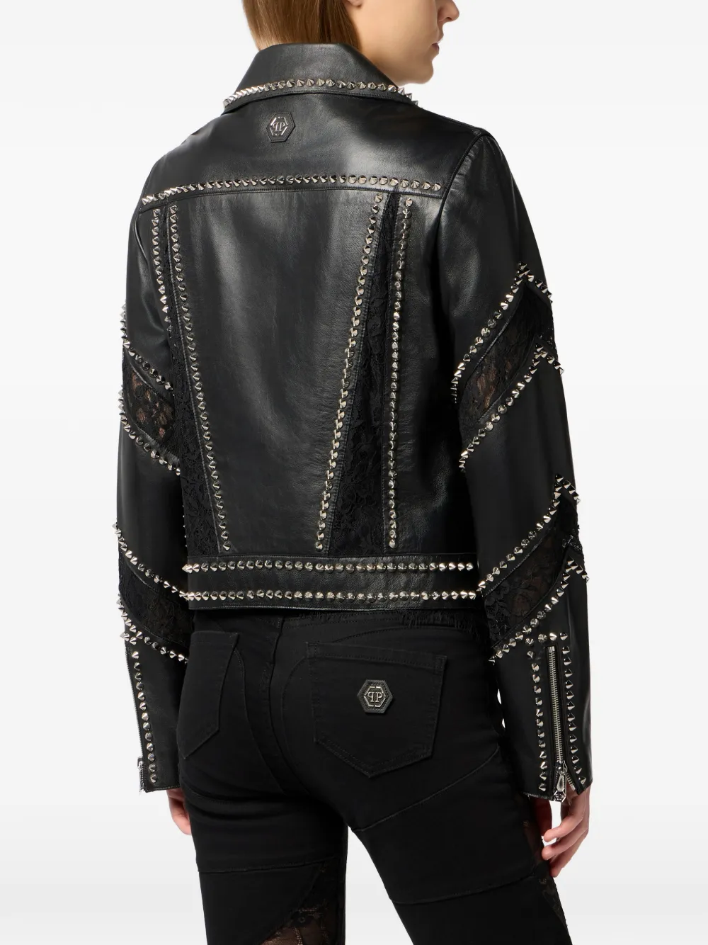Philipp Plein Bikerjack met kanten vlakken Zwart