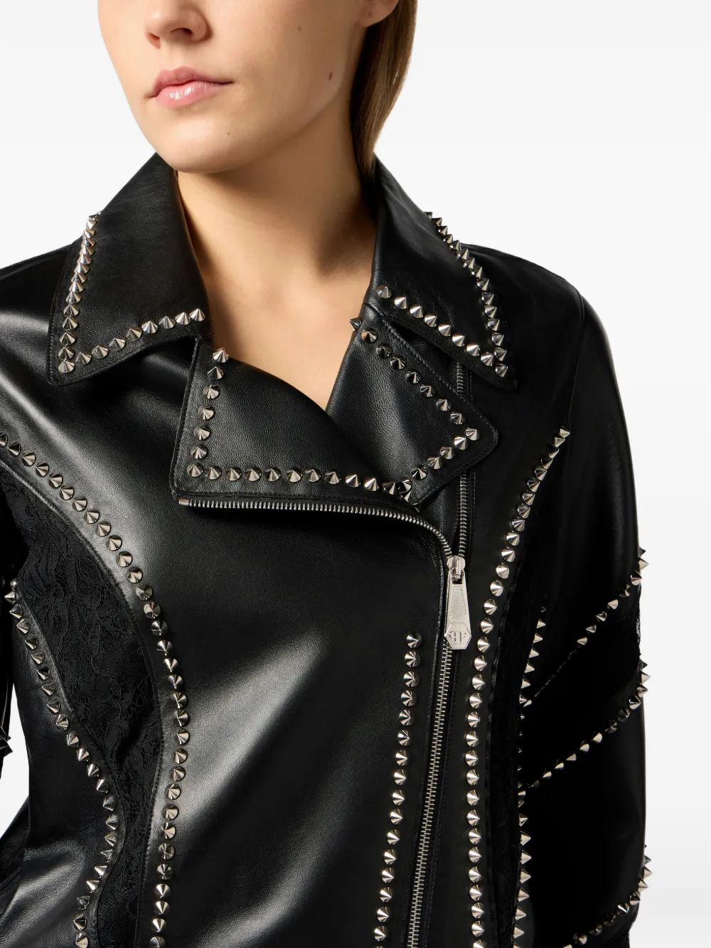 Philipp Plein Bikerjack met kanten vlakken Zwart