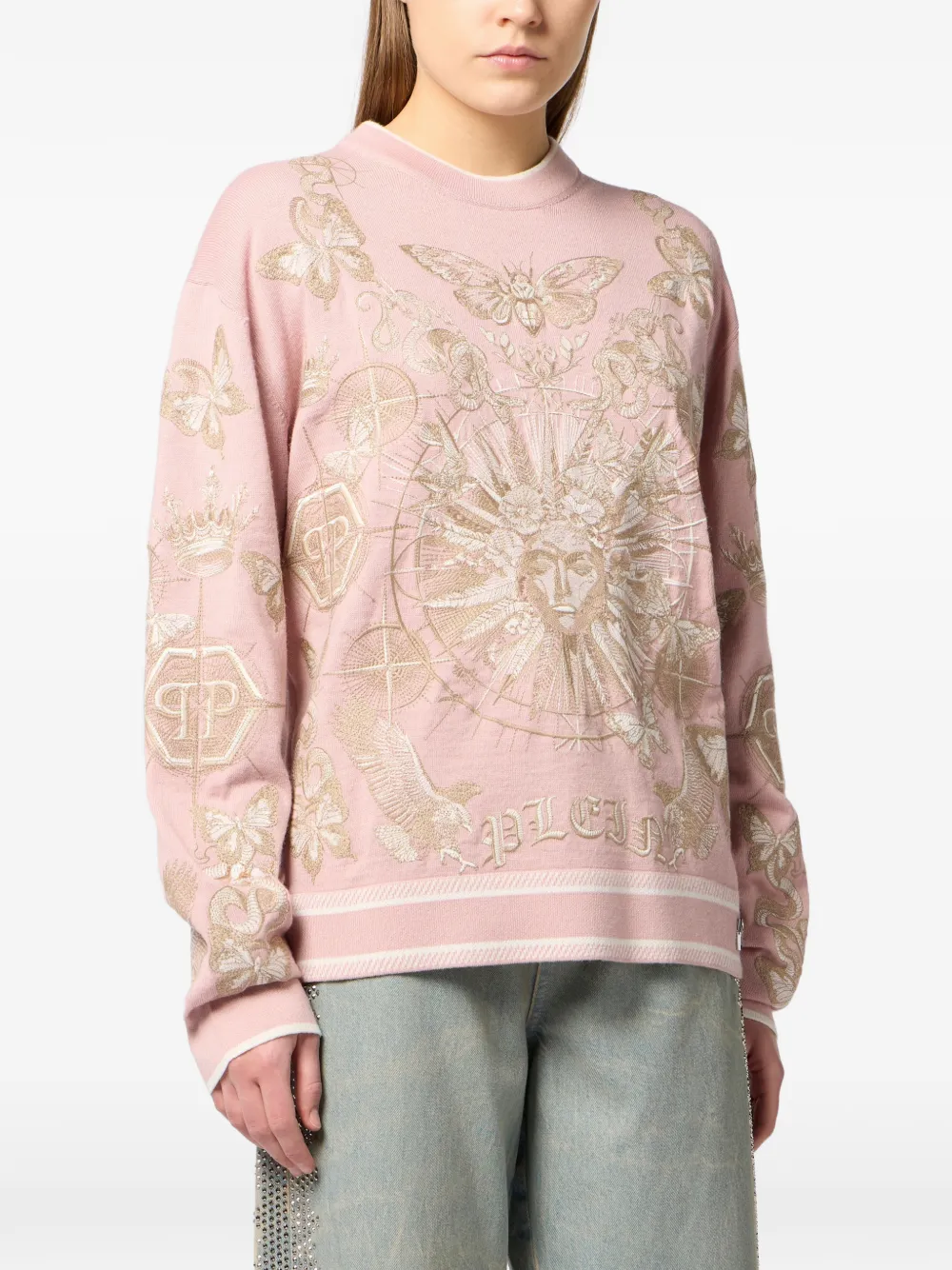Philipp Plein Trui met geborduurde vlinder en ronde hals Roze