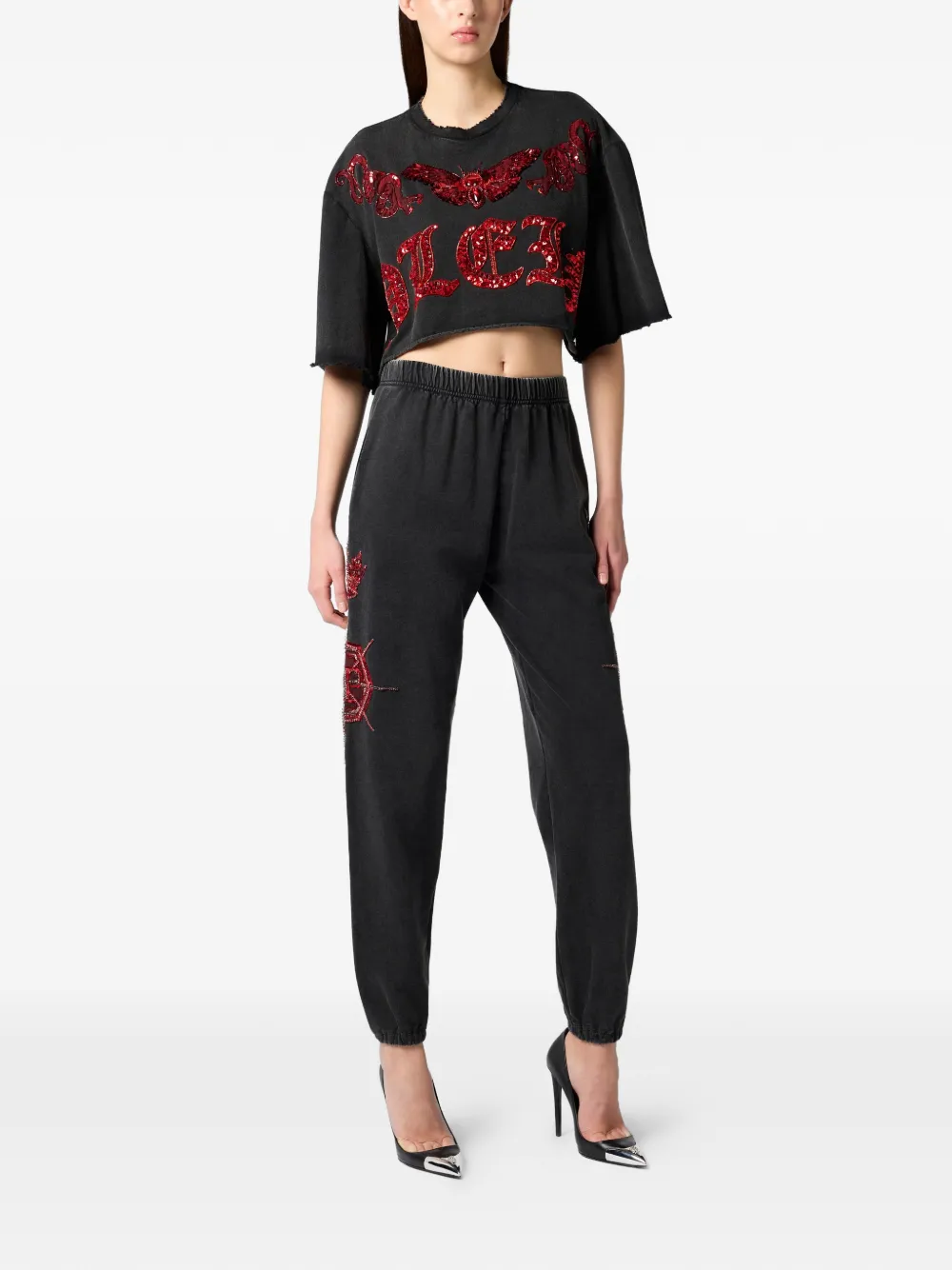 Philipp Plein Cropped T-shirt met pailletten Zwart