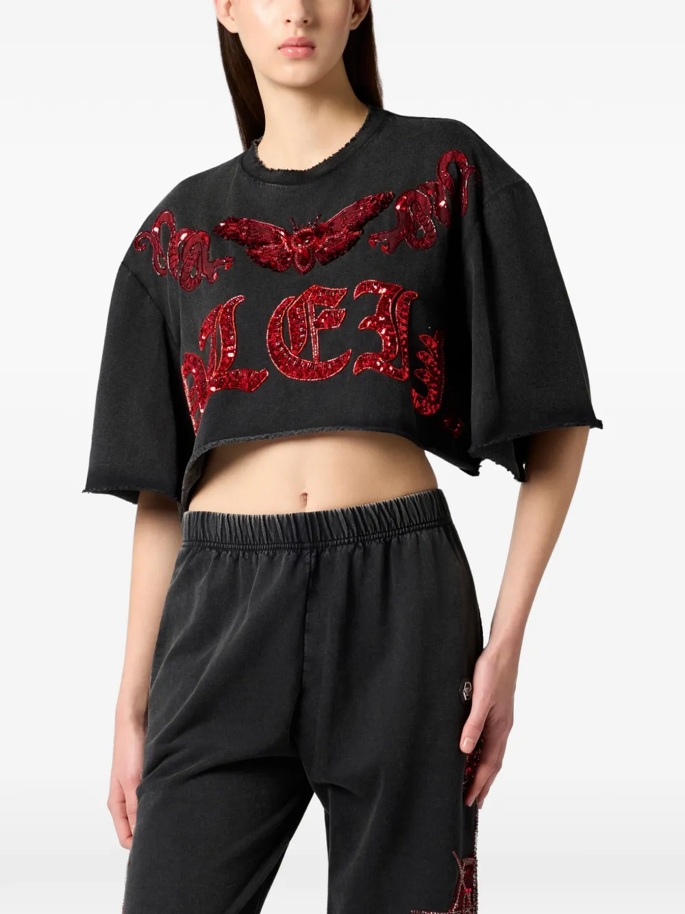 Philipp Plein Cropped T-shirt met pailletten Zwart