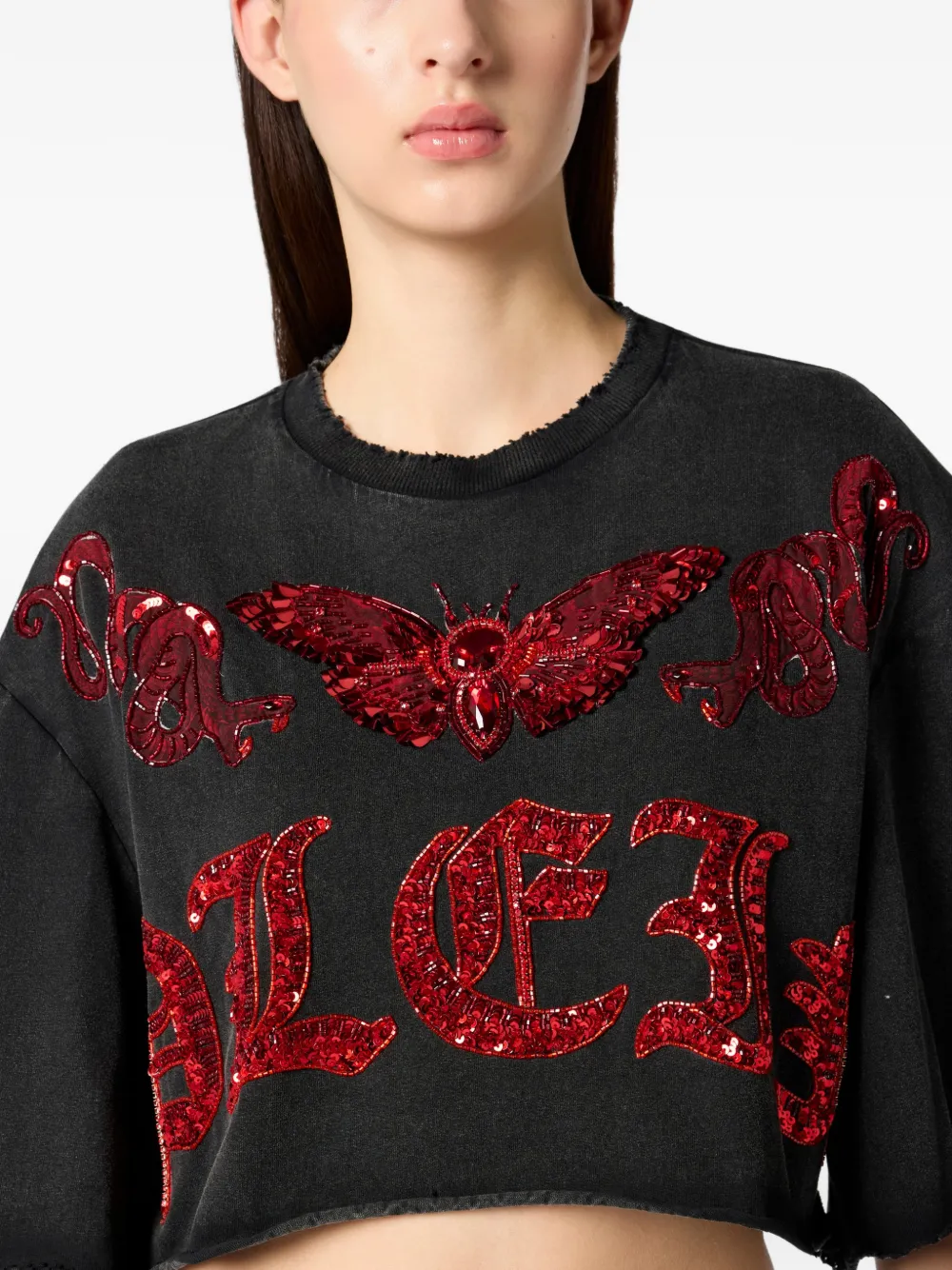 Philipp Plein Cropped T-shirt met pailletten Zwart