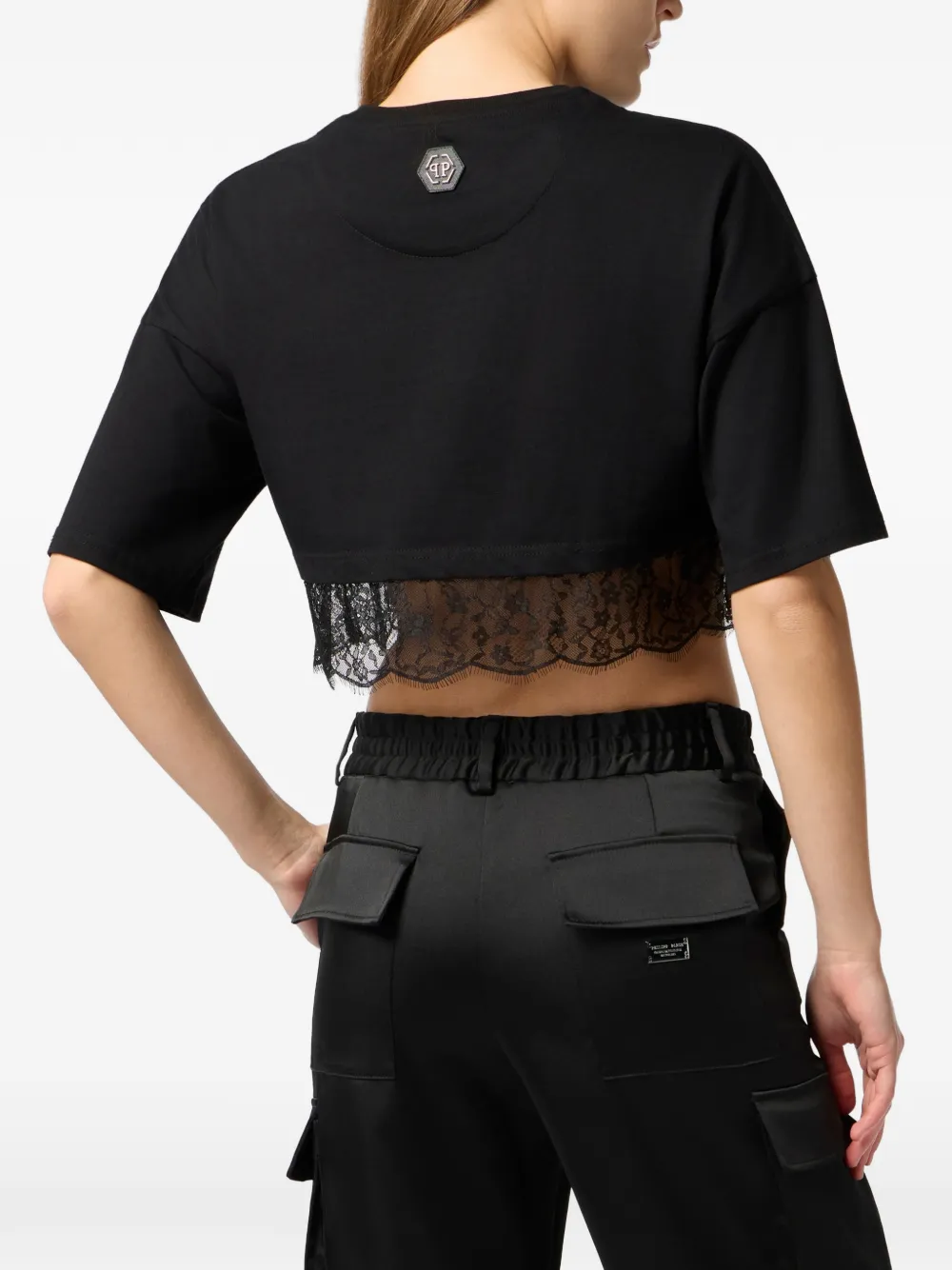 Philipp Plein Cropped T-shirt met kant Zwart