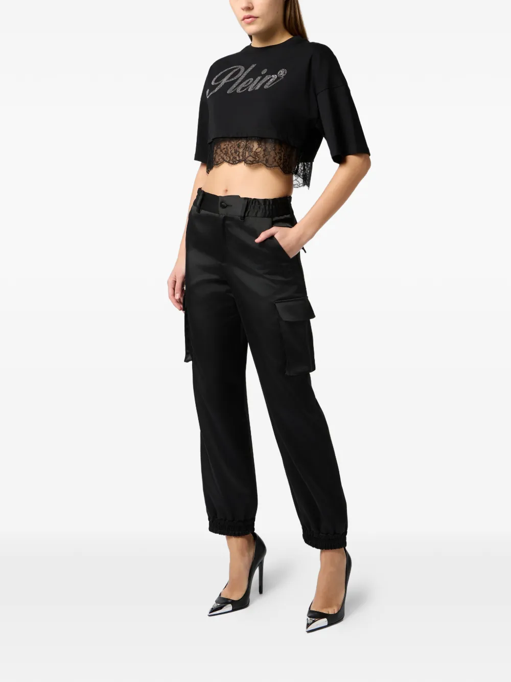 Philipp Plein Cropped T-shirt met kant Zwart