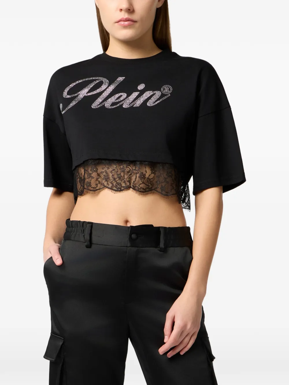 Philipp Plein Cropped T-shirt met kant Zwart