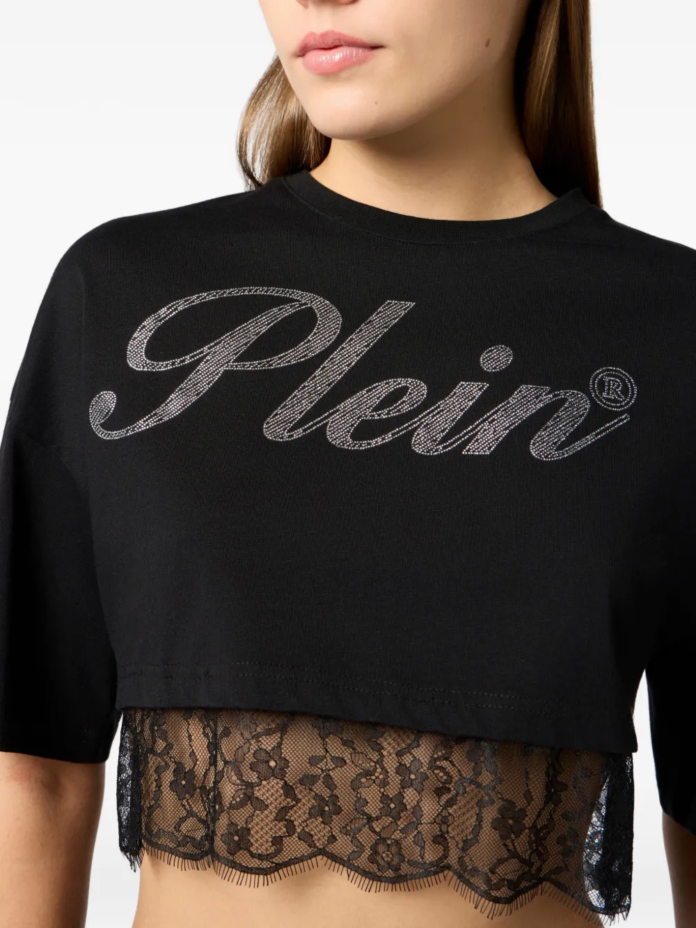 Philipp Plein Cropped T-shirt met kant Zwart