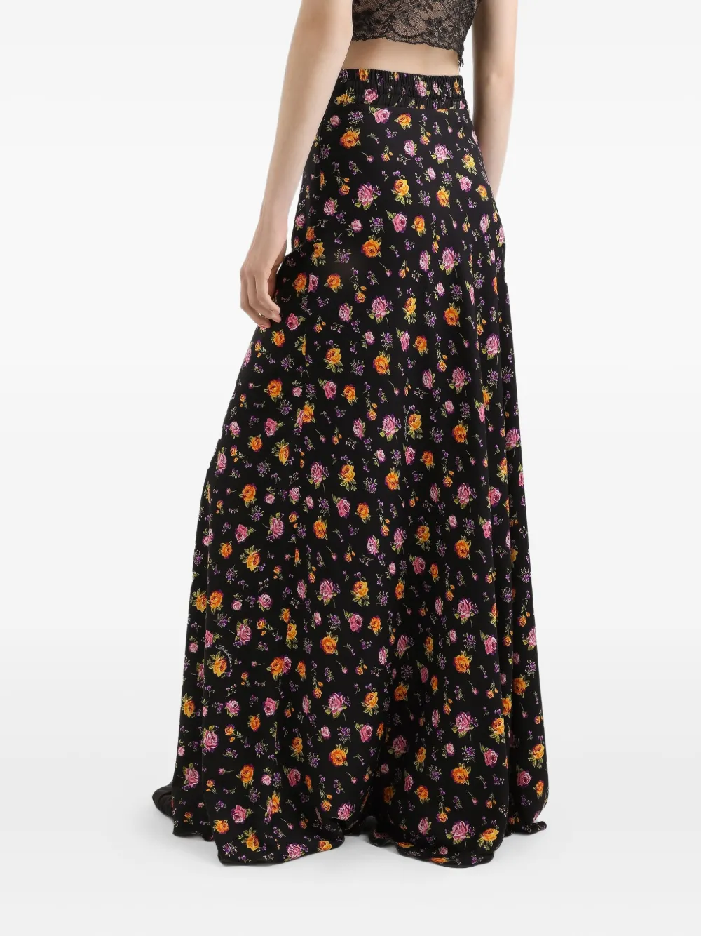 Dolce & Gabbana Small Rose Bouquets-print Flared Charmeuse Skirt In Black