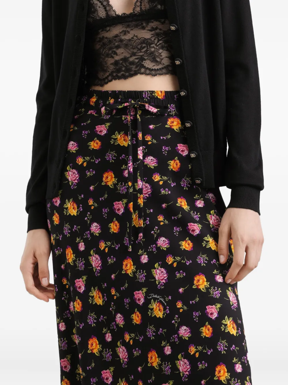 Dolce & Gabbana Small Rose Bouquets-print Flared Charmeuse Skirt In Black