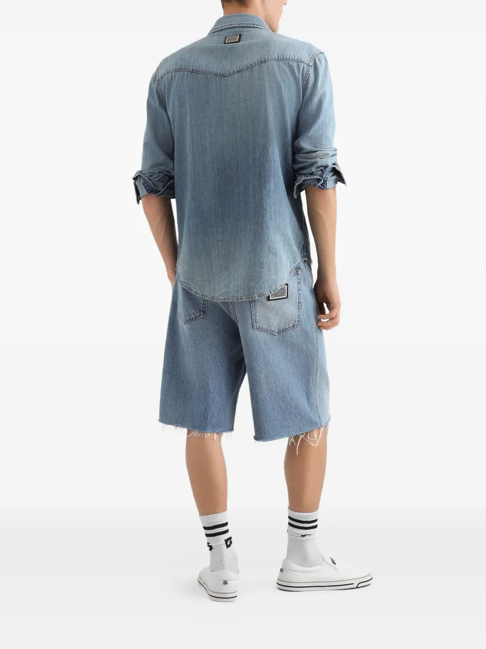 raw-cut logo denim shorts