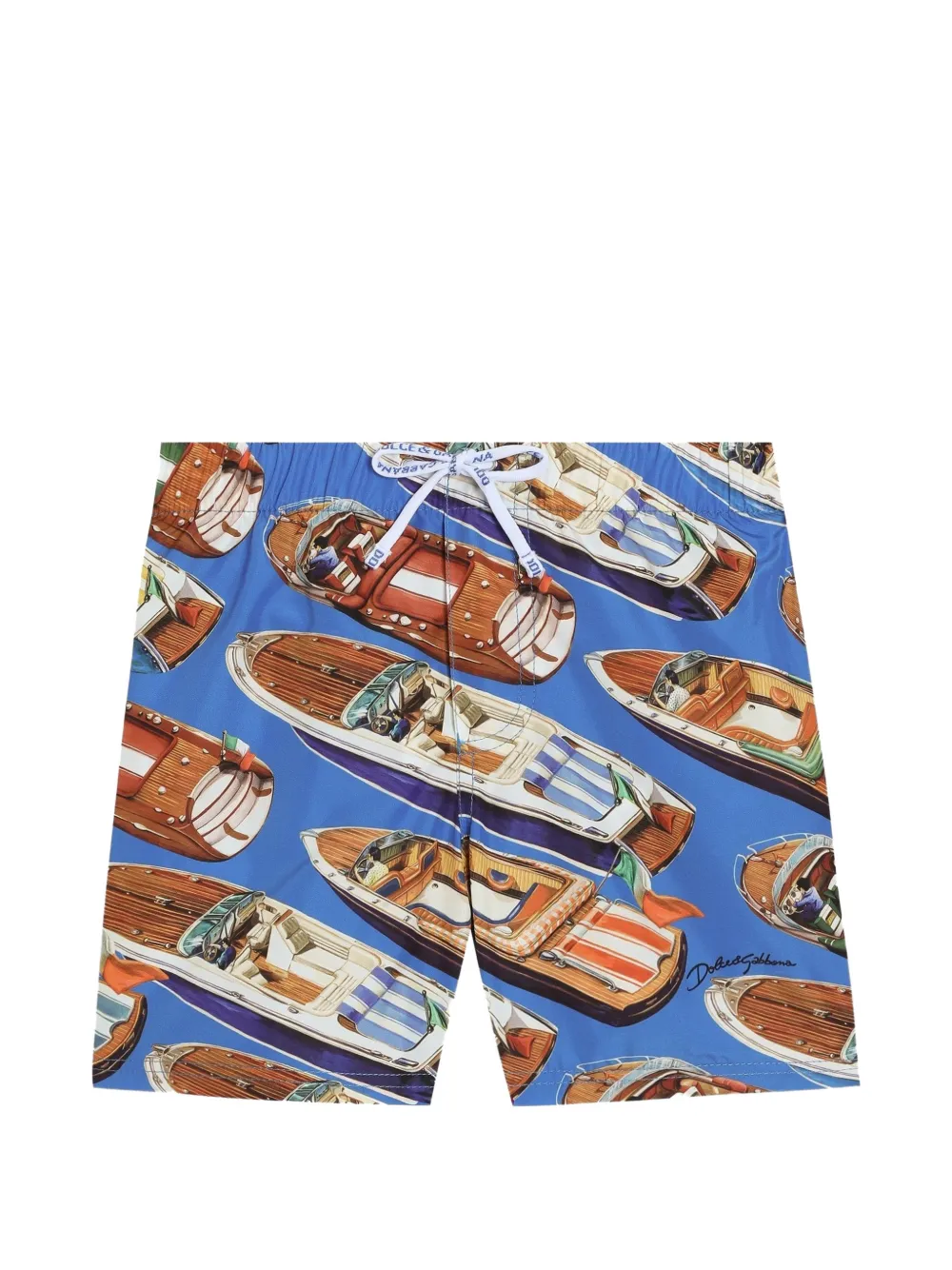 Dolce & Gabbana Kids STRIPES AND MOTORBOAT-PRINT MEDIUM NYLON SWIM SHORTS - Blu