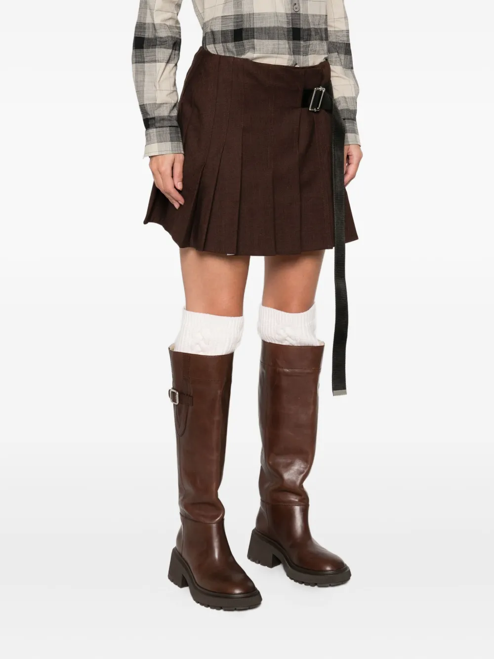 Plan C Pleated Belt Mini Skirt In Burgundy