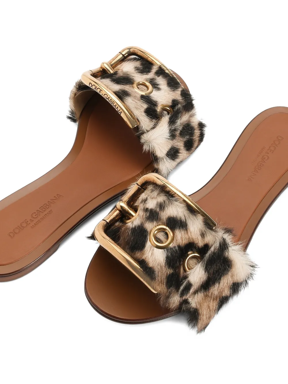 Dolce & Gabbana Kid platte leren slippers met luipaardprint Beige