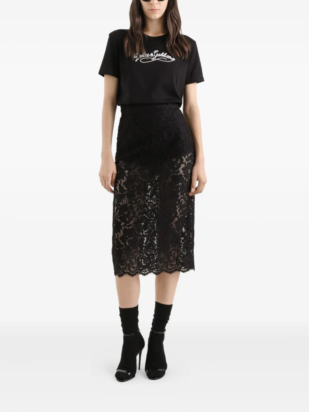 Dolce & Gabbana Cordonetto midi-rok met kanten afwerking Zwart