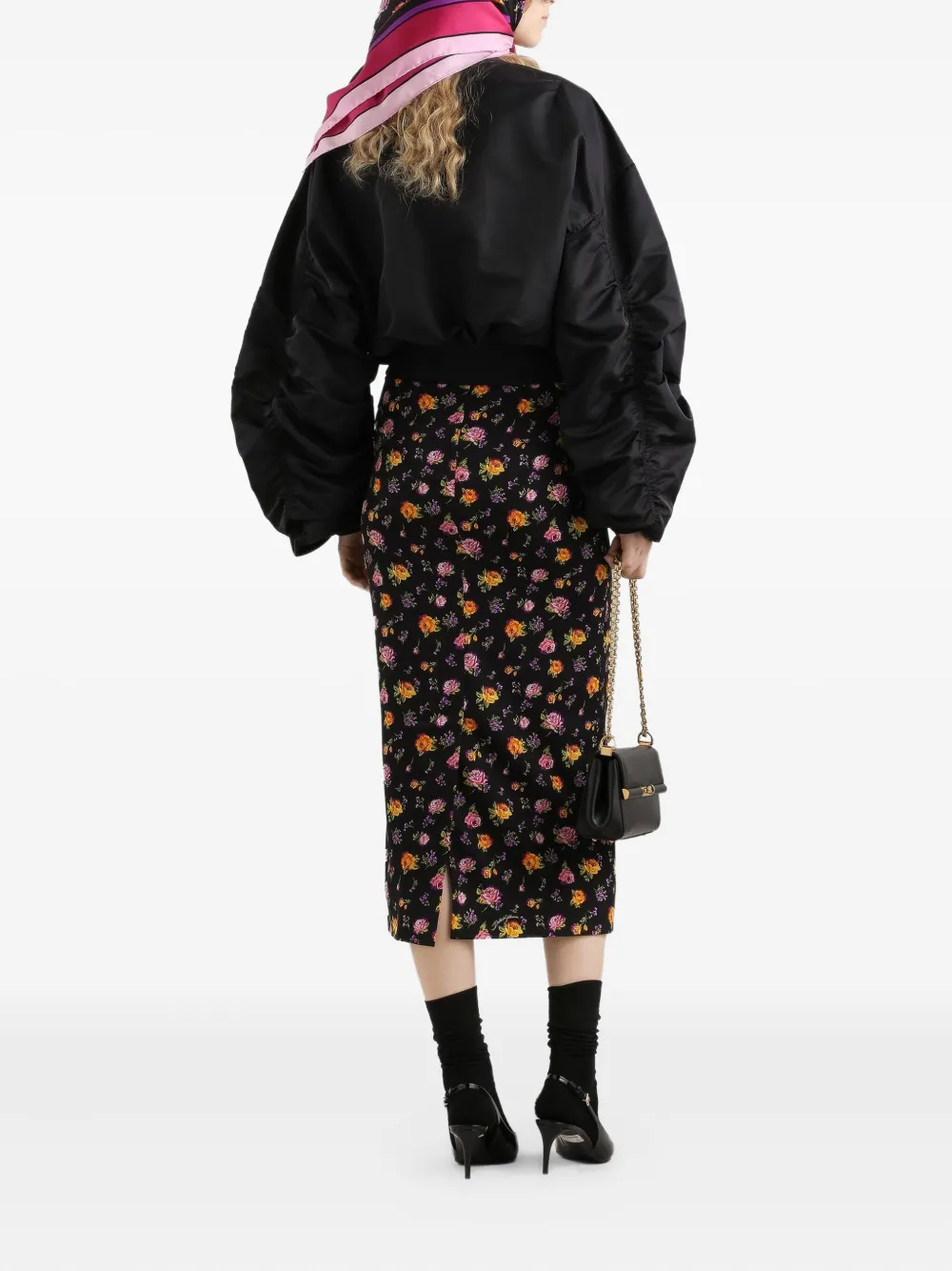 Dolce & Gabbana Small Rose Bouquets-print Straight Charmeuse Skirt In Blue