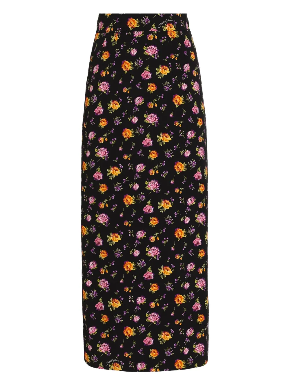 Dolce & Gabbana Small Rose Bouquets-print Straight Charmeuse Skirt In Blue