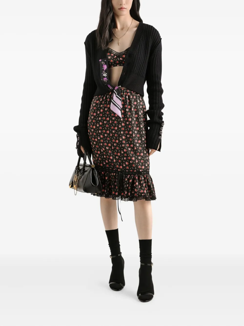 Dolce & Gabbana Midi-rok met bloemenprint en ruches - Zwart