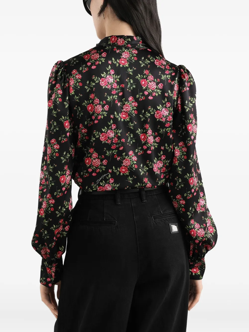 Dolce & Gabbana Small Rose Bouquet-print Satin Shirt In Black