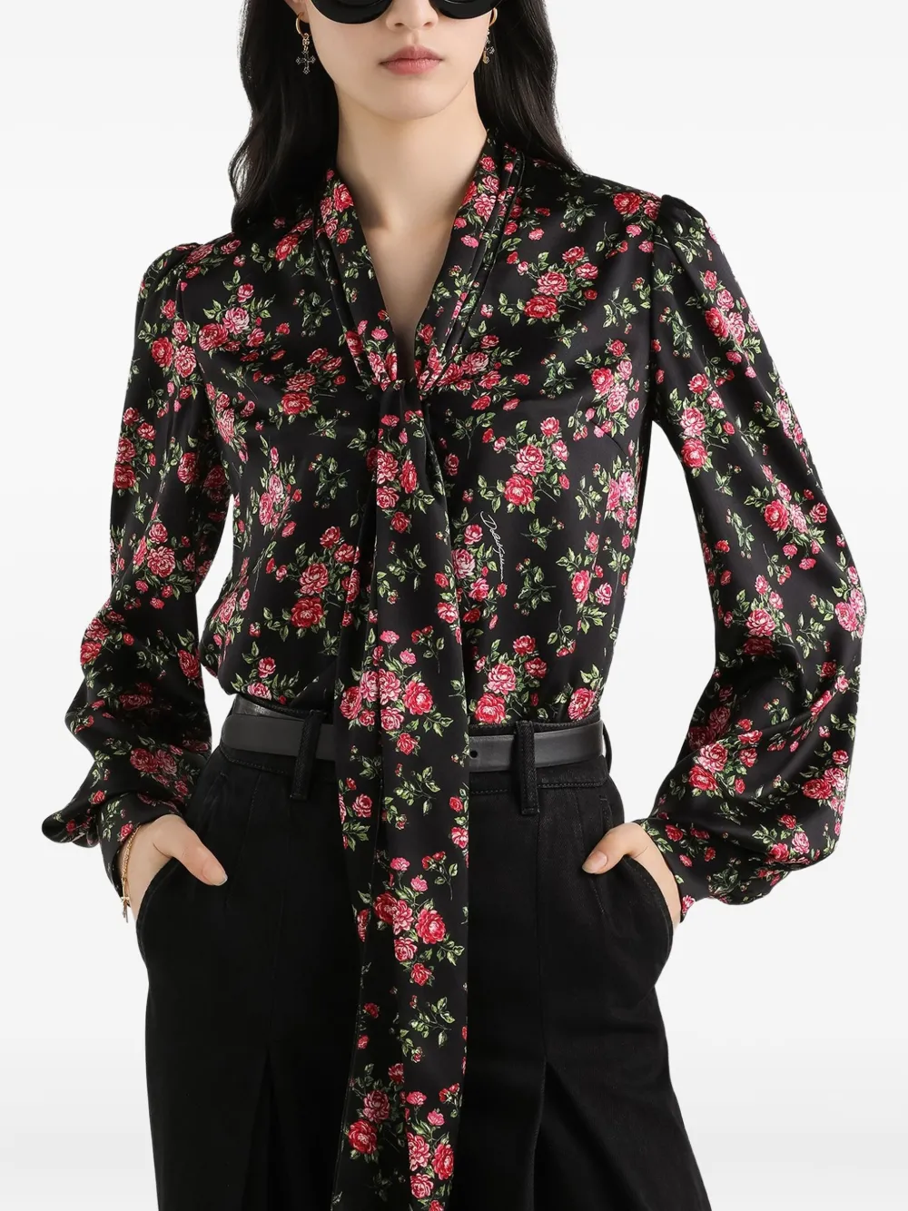 Dolce & Gabbana Small Rose Bouquet-print Satin Shirt In Black