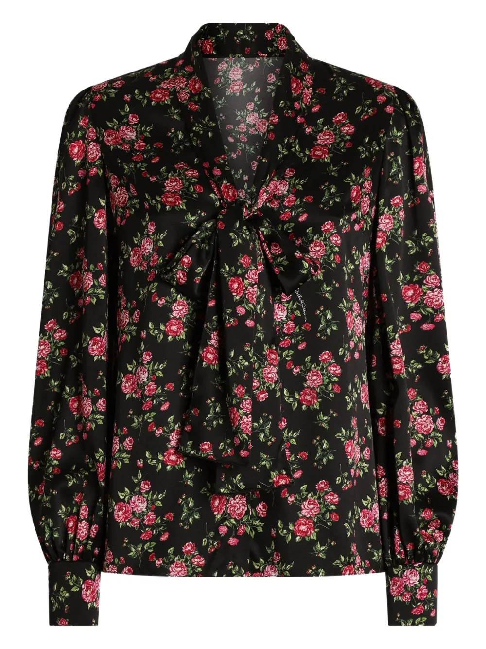Dolce & Gabbana Small Rose Bouquet-print Satin Shirt In Black