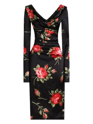 dolce and gabbana black dress with red roses DOLCE & GABBANA BLACK CORSET DRESS WITH ROSE PRINT