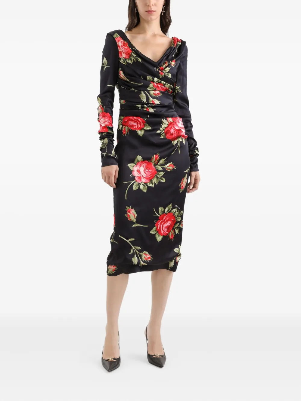 Dolce & Gabbana Midi-jurk met bloemenprint en lange mouwen Zwart