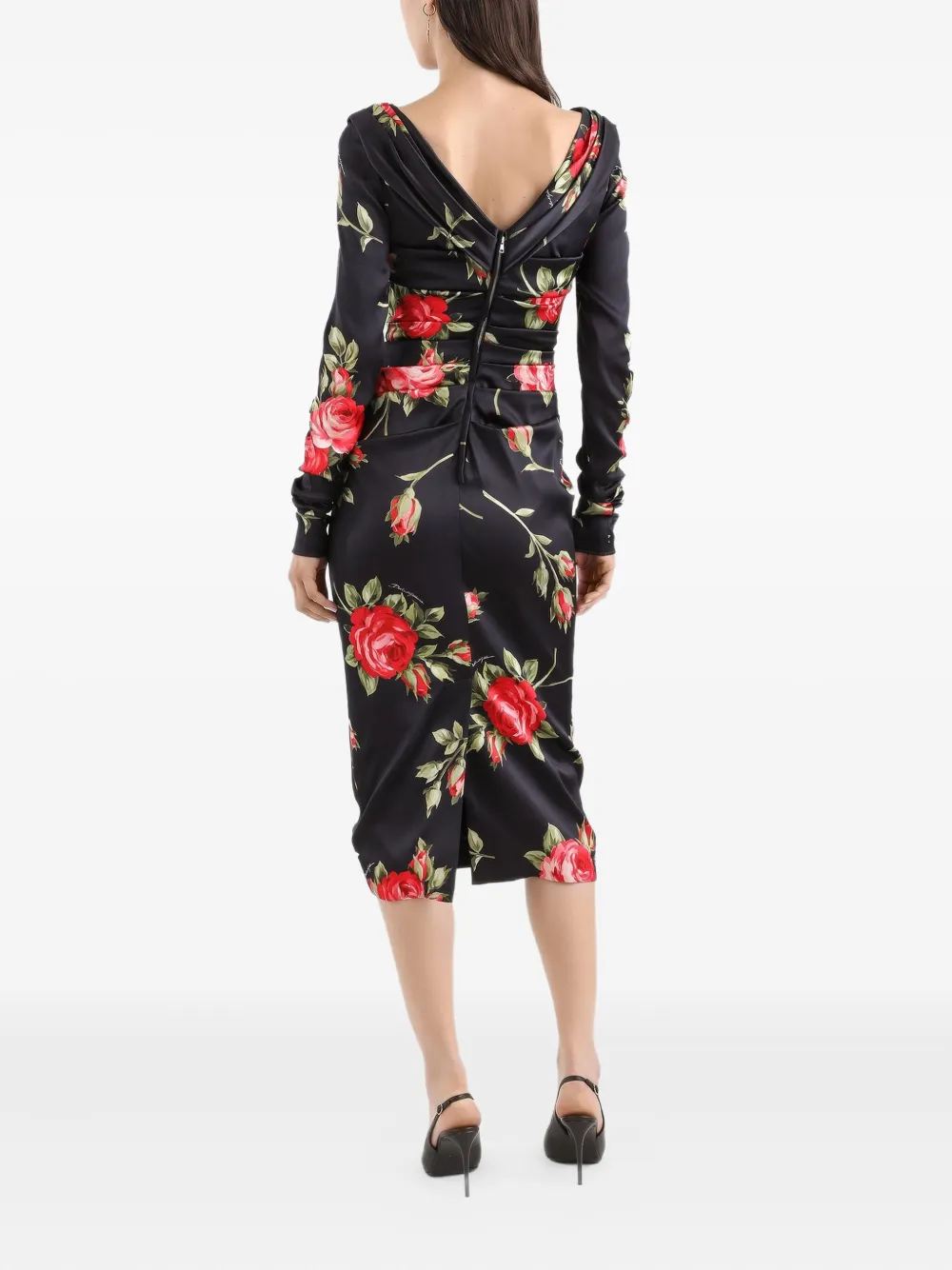 Dolce & Gabbana Midi-jurk met bloemenprint en lange mouwen Zwart