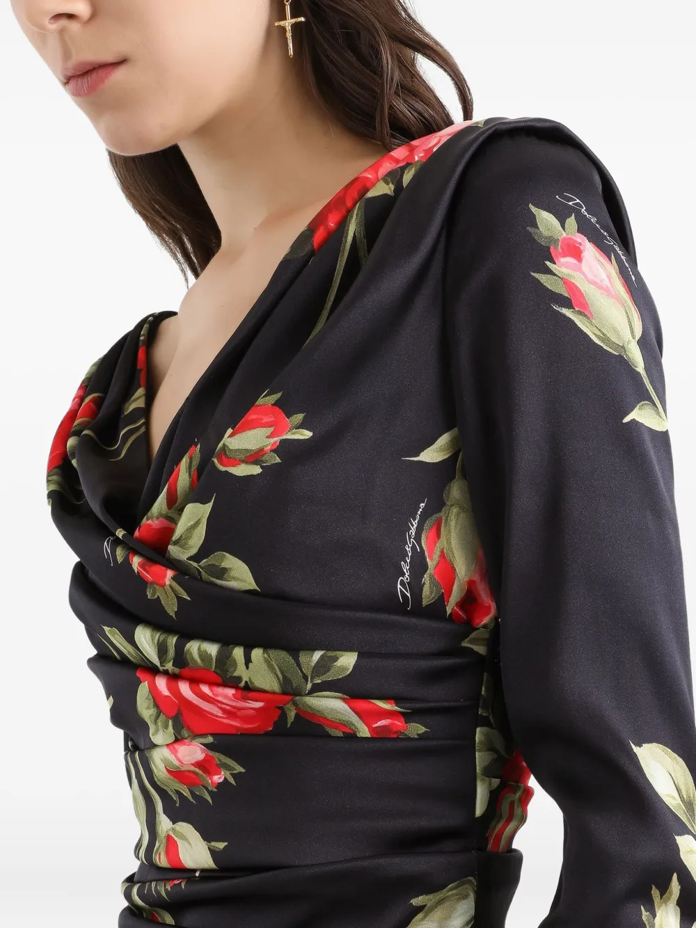 Dolce & Gabbana Midi-jurk met bloemenprint en lange mouwen Zwart