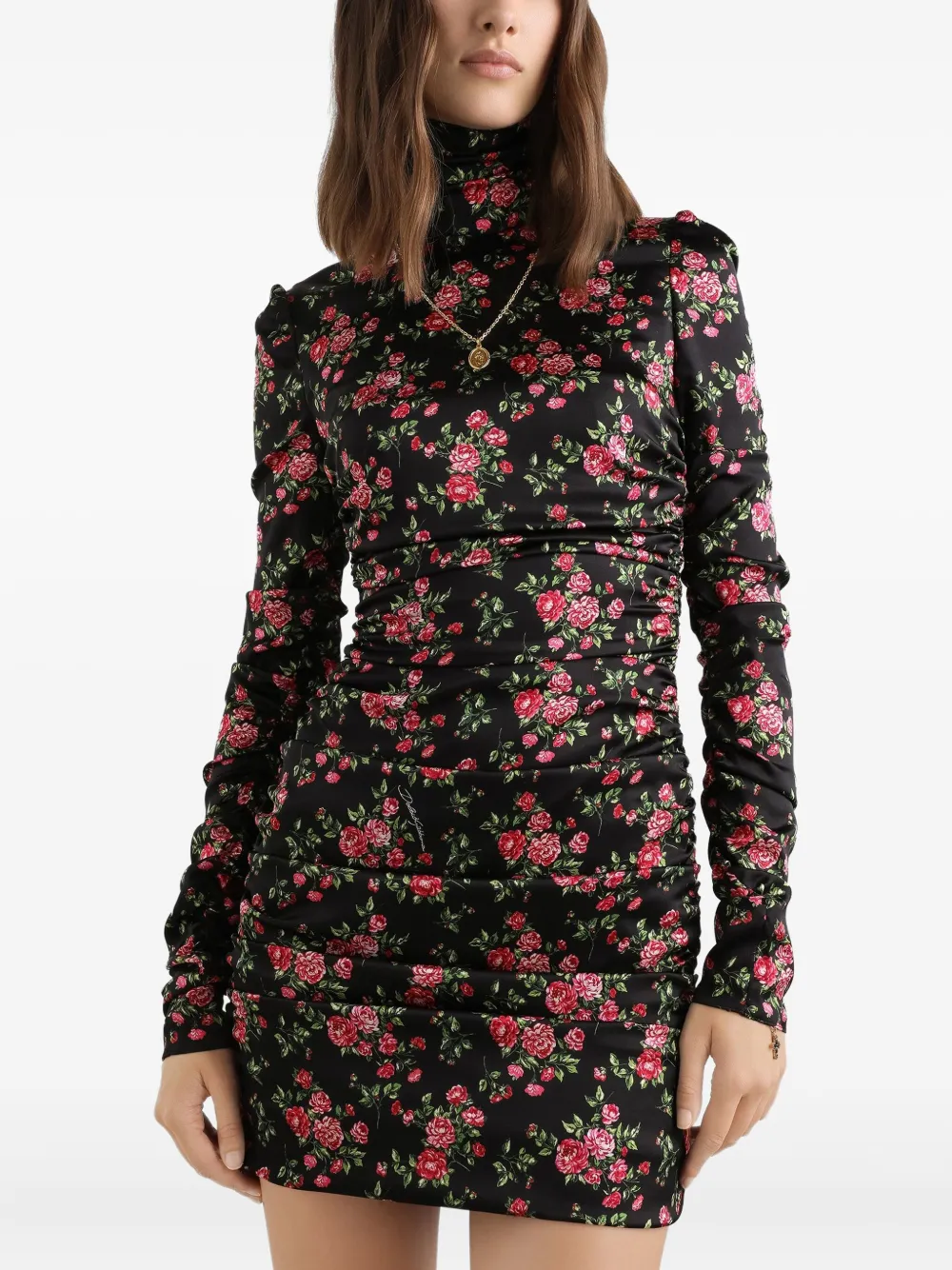 ruched floral mini dress