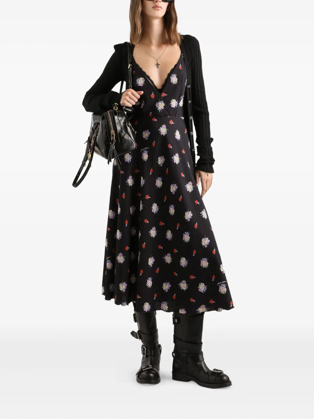 Dolce & Gabbana Midi-jurk met bloemenprint Zwart