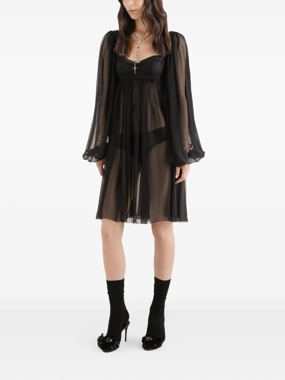 Dolce & Gabbana Mini-jurk met ballonmouwen en kant - Zwart