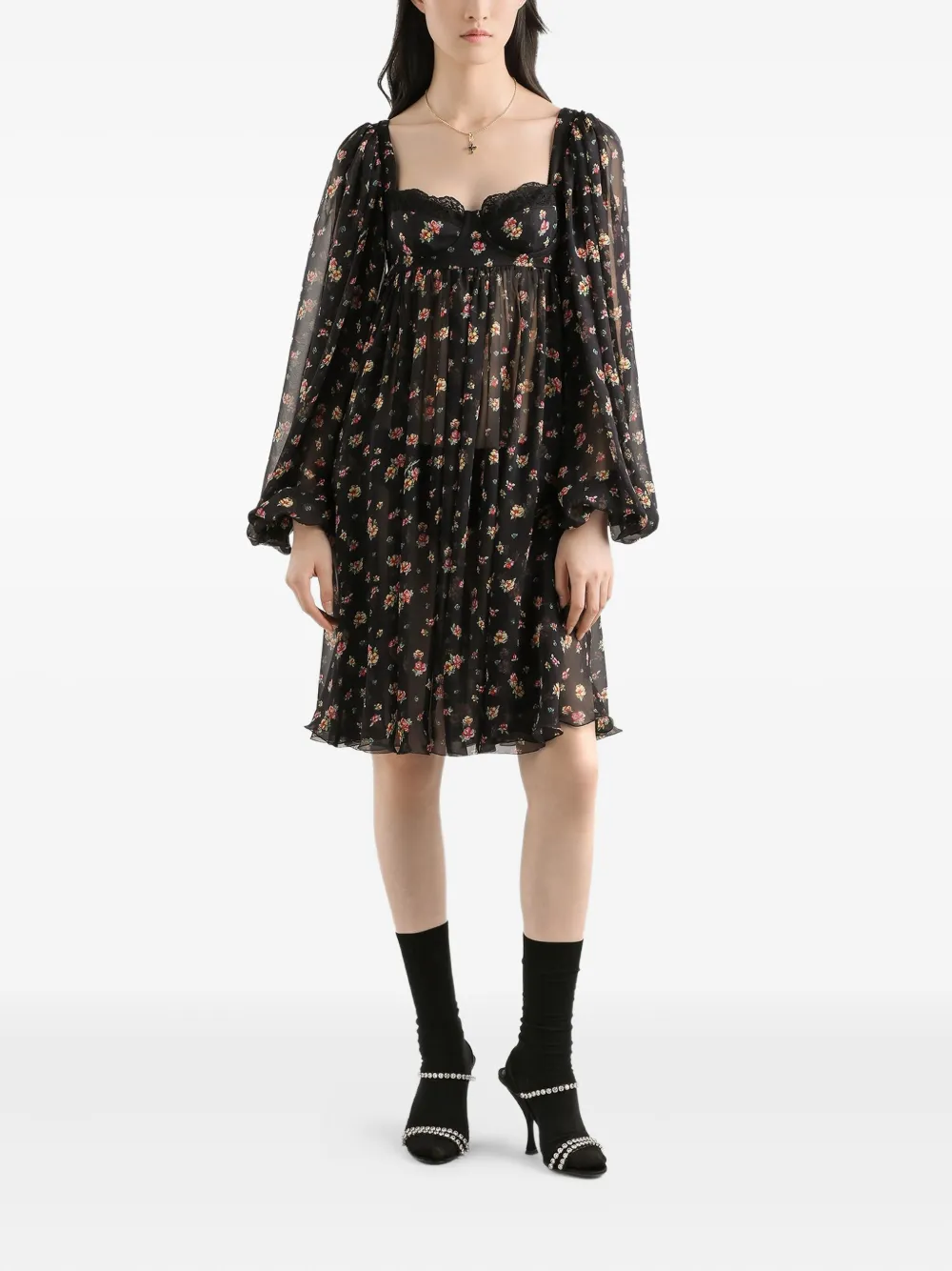 Dolce & Gabbana Mini-jurk met bloemenkant - Zwart