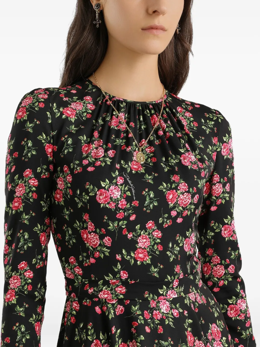 Dolce & Gabbana Midi-jurk met bloemenprint Zwart