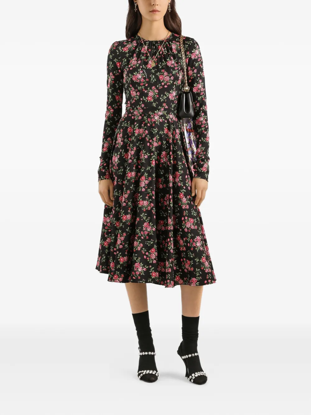 Dolce & Gabbana Midi-jurk met bloemenprint Zwart