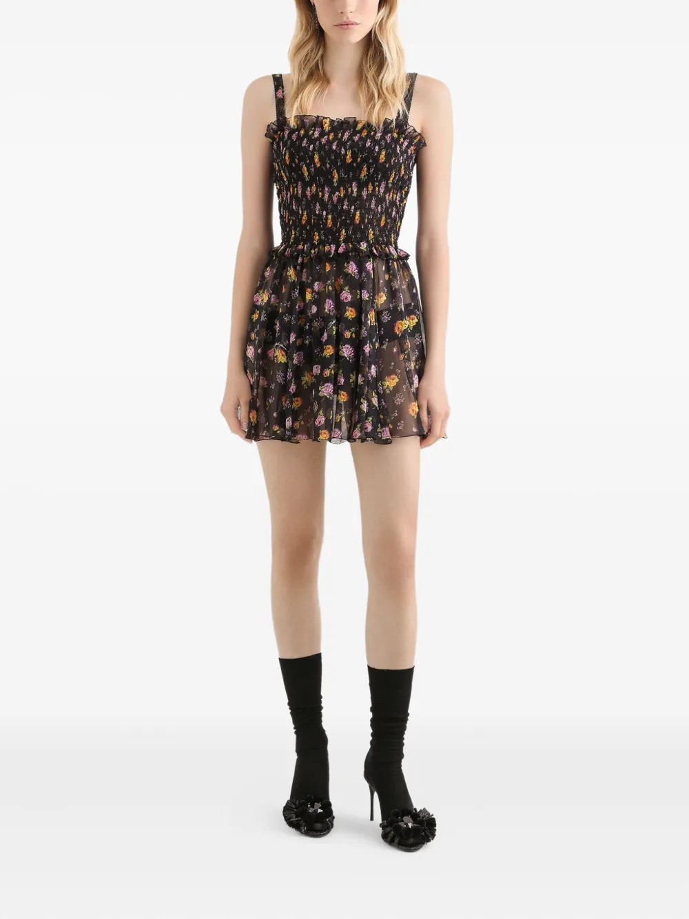 Dolce & Gabbana Mini-jurk met ruches en bloemenprint - Zwart