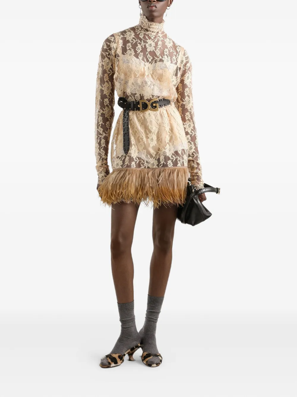 Dolce & Gabbana Mini-jurk met veren - Beige