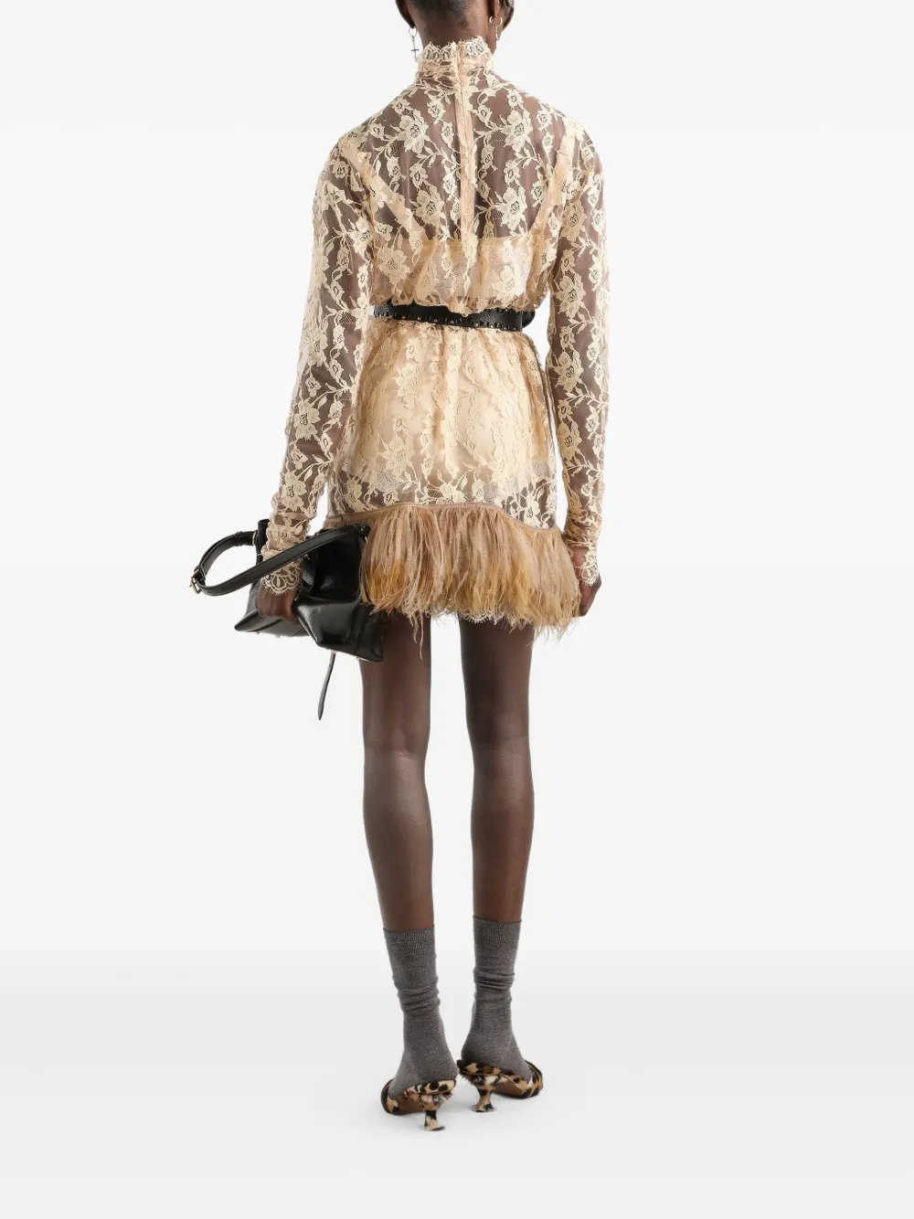  Dolce & Gabbana Lace Feather Mini Dress - Neutrals 