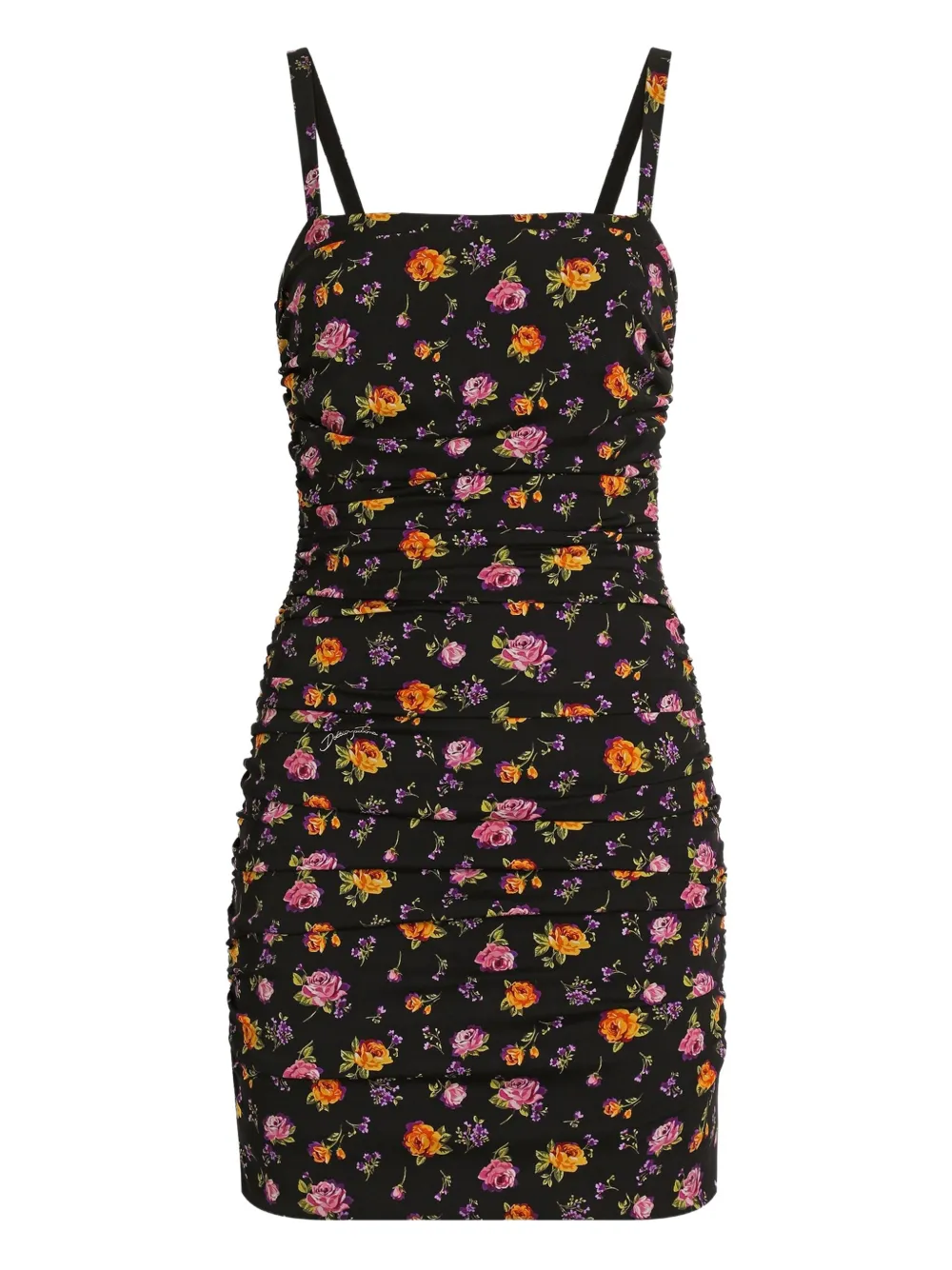 Dolce & Gabbana Small Rose Bouquets-print Draped Charmeuse Dress In Black