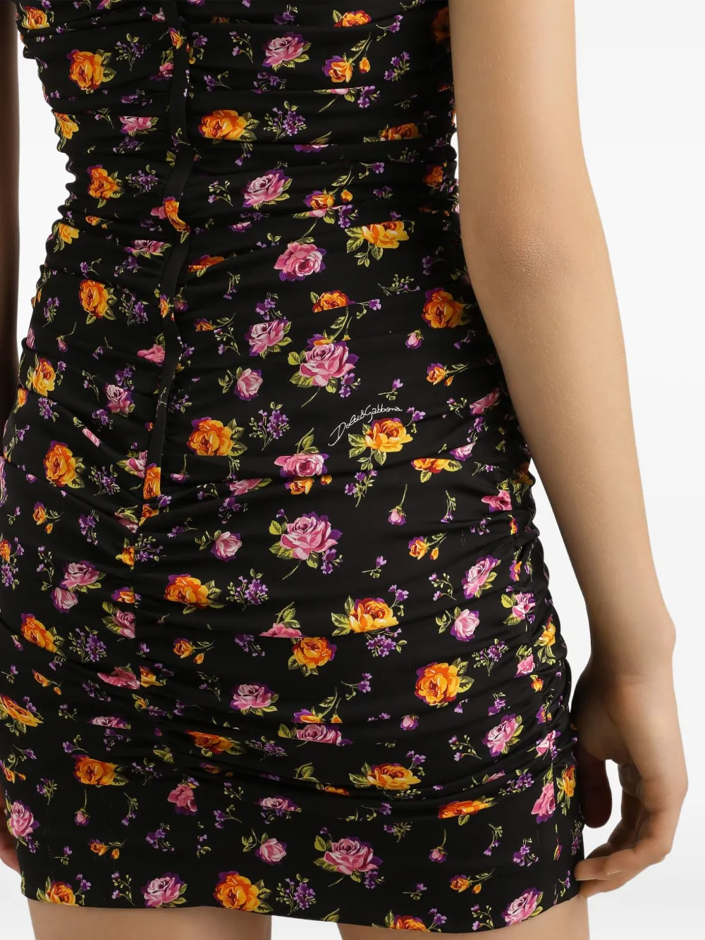 Dolce & Gabbana Small Rose Bouquets-print Draped Charmeuse Dress In Black