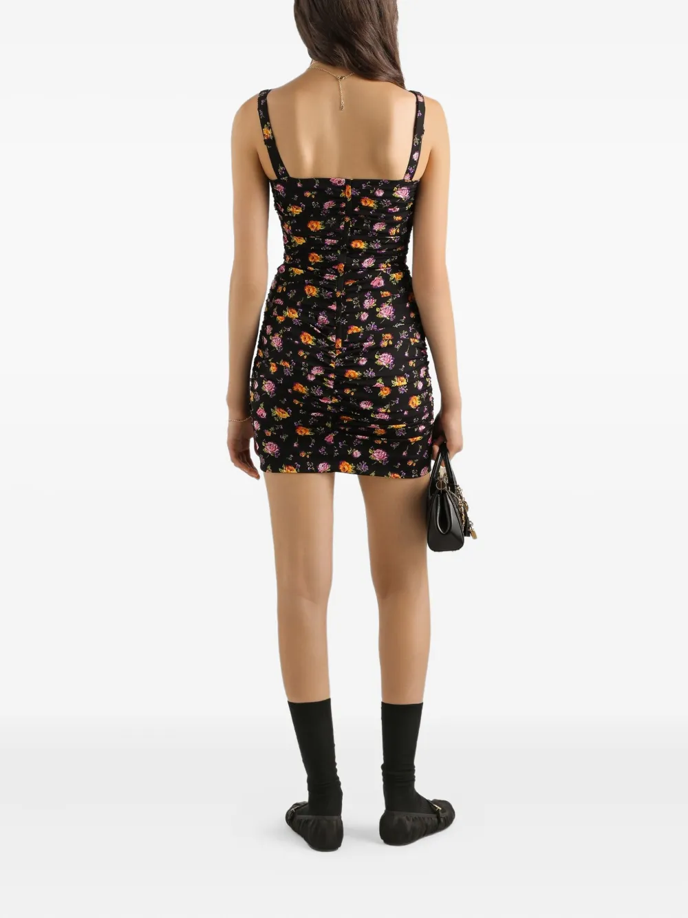 Dolce & Gabbana Small Rose Bouquets-print Draped Charmeuse Dress In Black