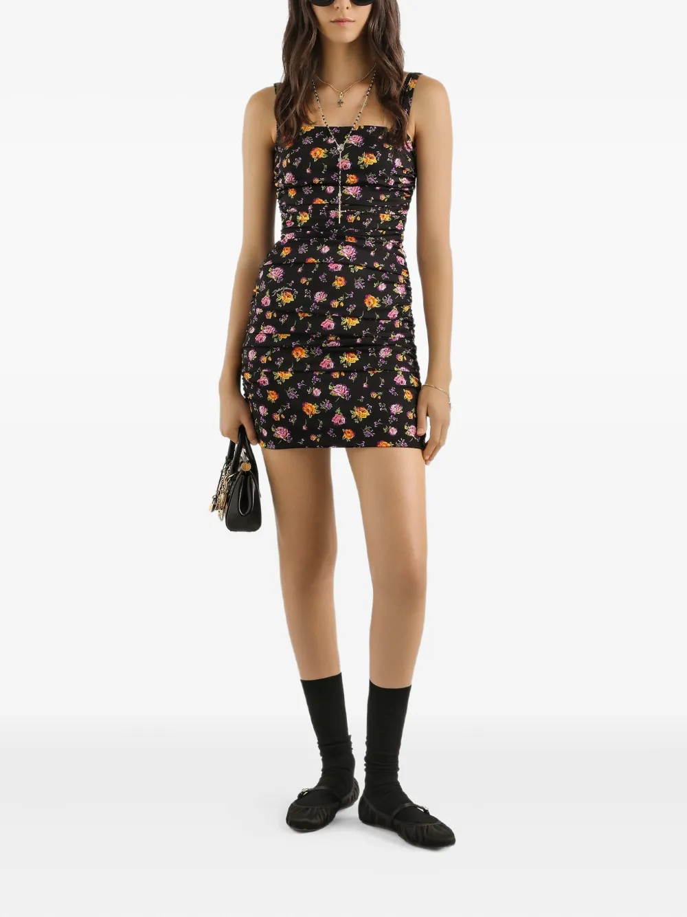Dolce & Gabbana Mini-jurk met bloemen en ruches - Zwart