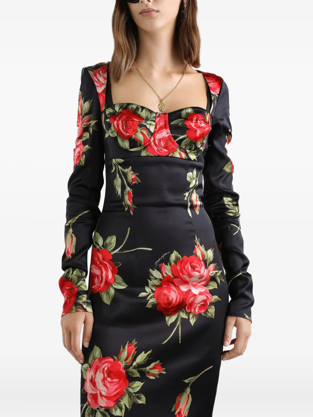 Dolce & Gabbana Midi-jurk met bloemenprint em lange mouwen Zwart