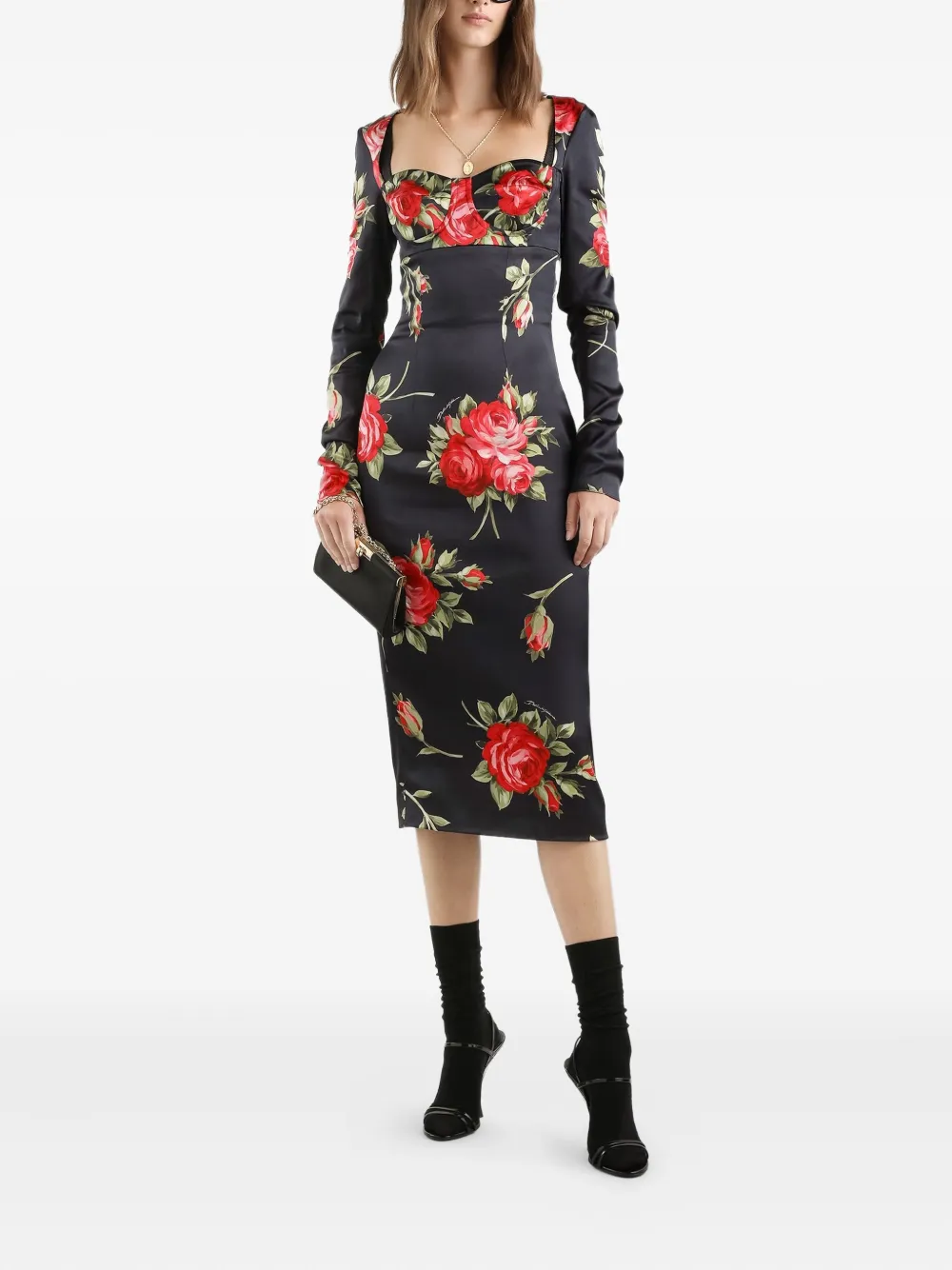 Dolce & Gabbana Midi-jurk met bloemenprint em lange mouwen - Zwart