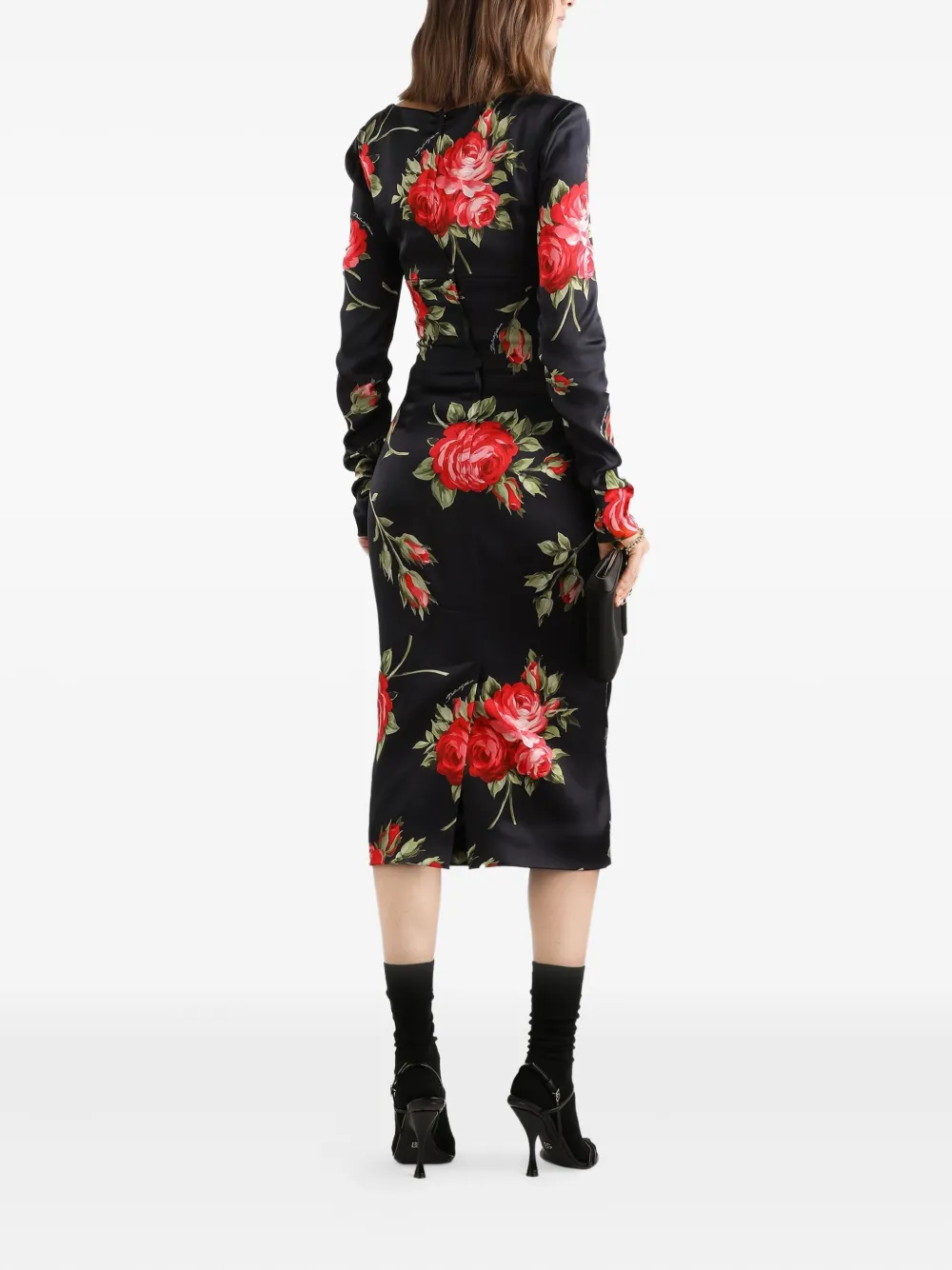Dolce & Gabbana Midi-jurk met bloemenprint em lange mouwen Zwart