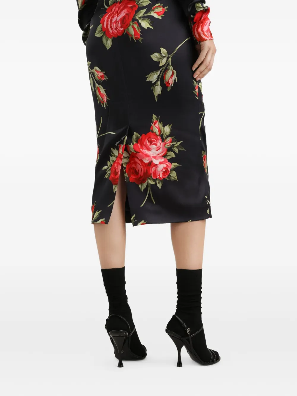 Dolce & Gabbana Midi-jurk met bloemenprint em lange mouwen Zwart