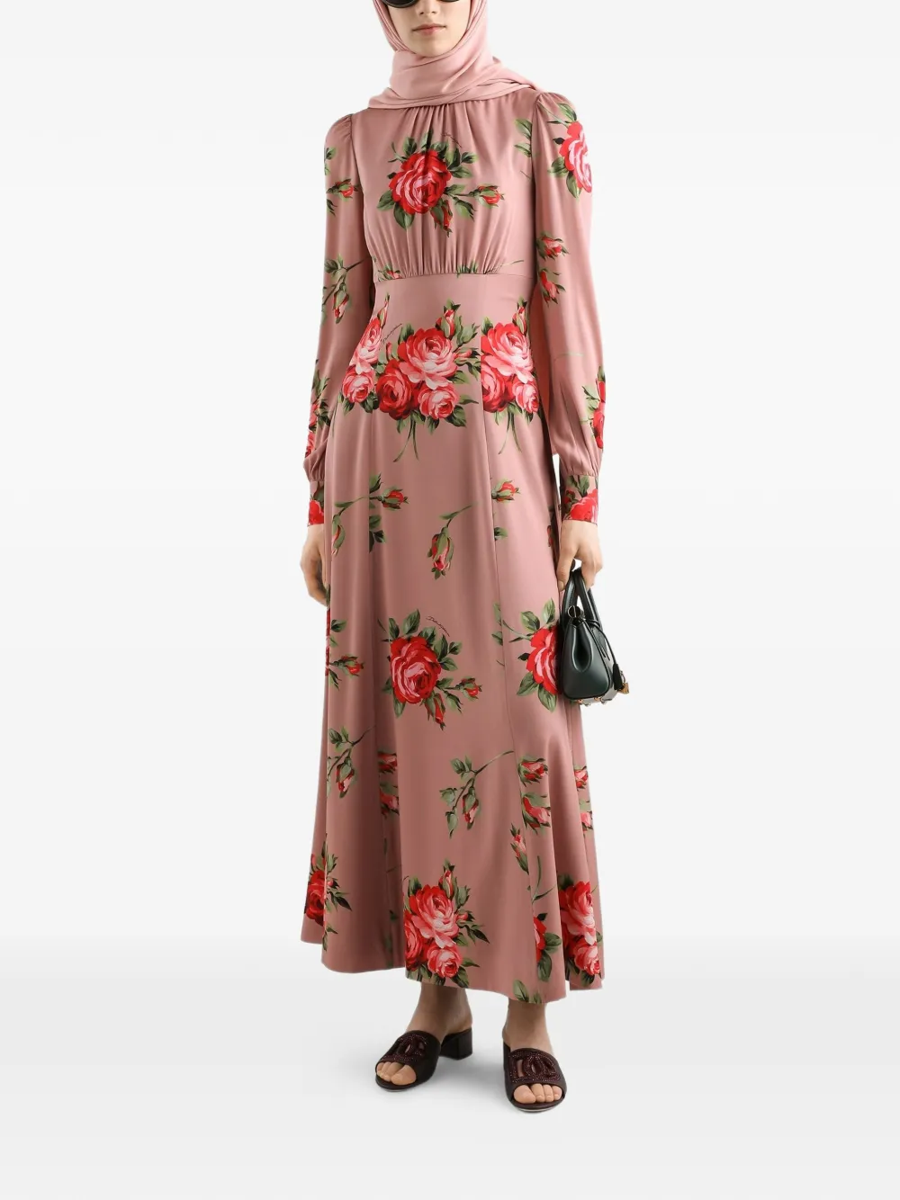 Dolce & Gabbana Midi-jurk met bloemenprint em lange mouwen Roze