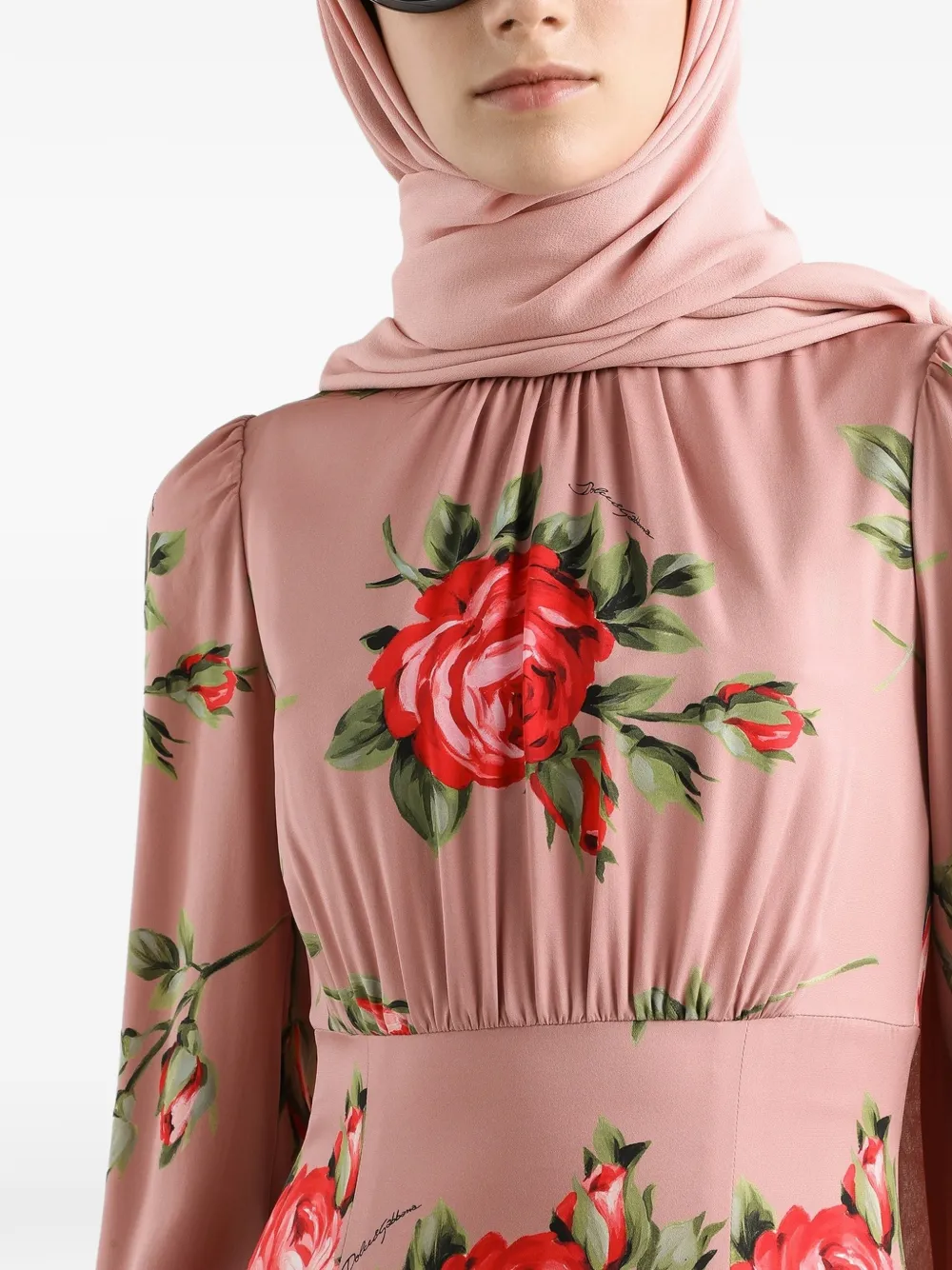Dolce & Gabbana Midi-jurk met bloemenprint em lange mouwen Roze