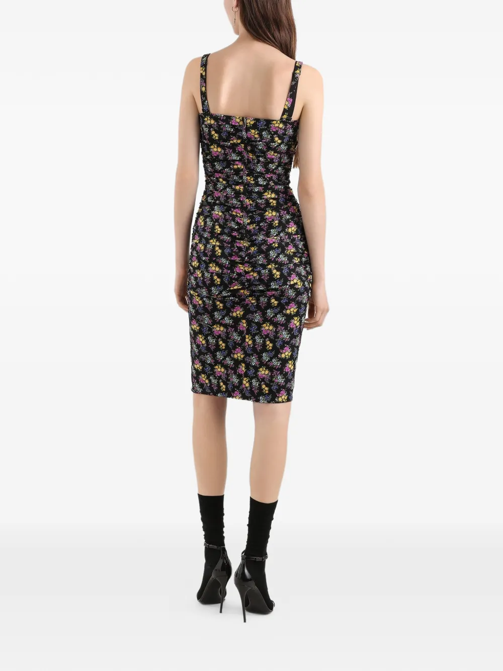 Dolce & Gabbana Midi-jurk met bloemenprint en ruches Zwart