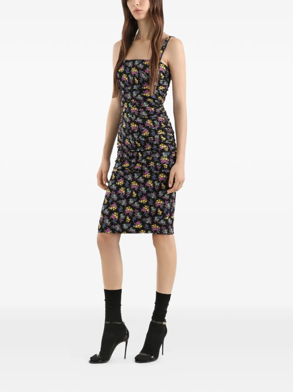 Dolce & Gabbana floral-pattern ruched midi dress - Zwart