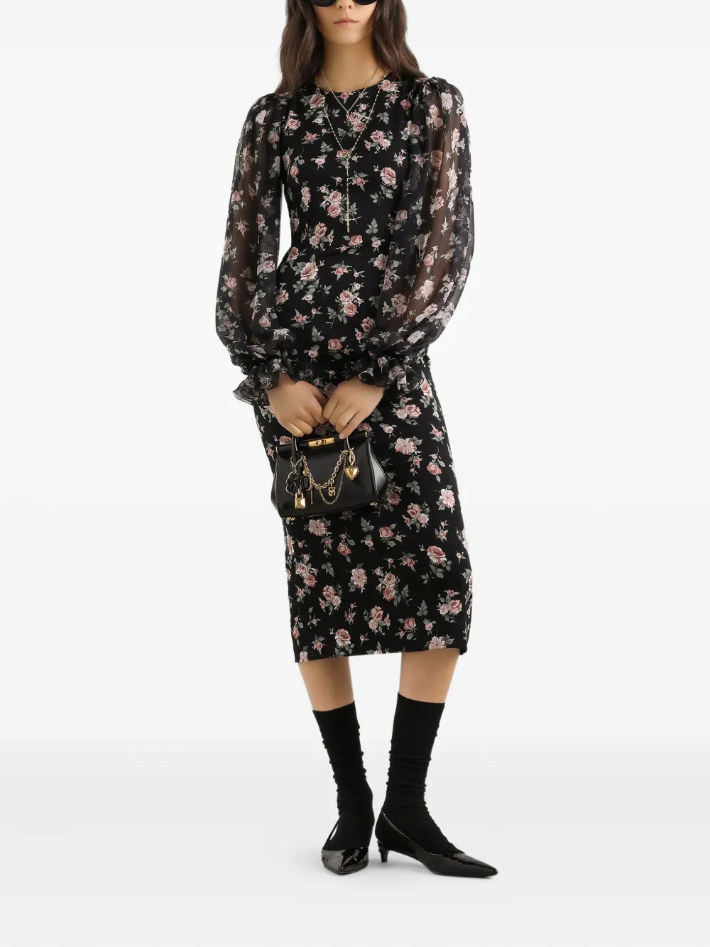 Dolce & Gabbana Midi-jurk met pofmouwen en bloemenprint - Zwart
