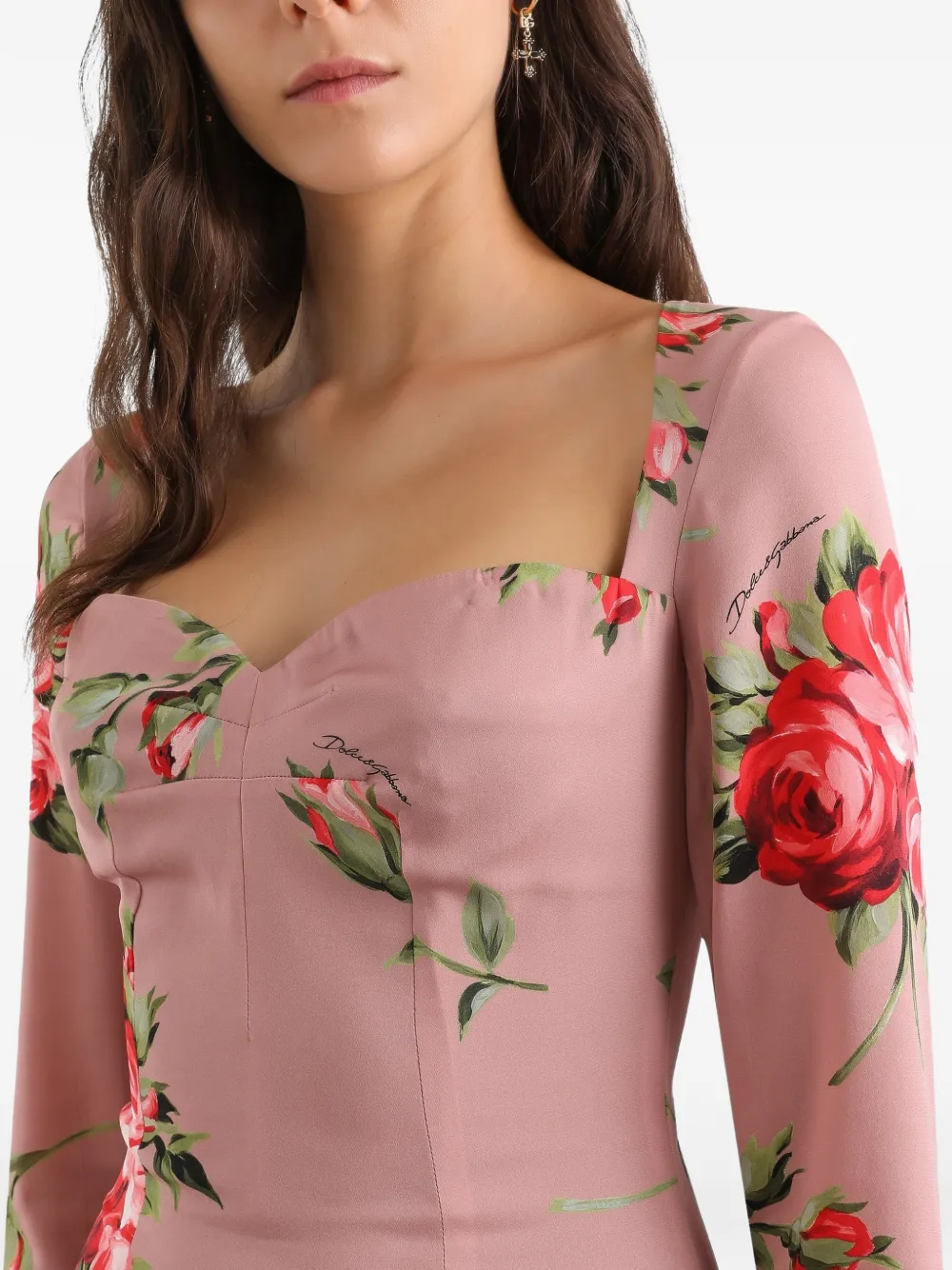 Dolce & Gabbana Midi-jurk met bloemenprint en lange mouwen Roze